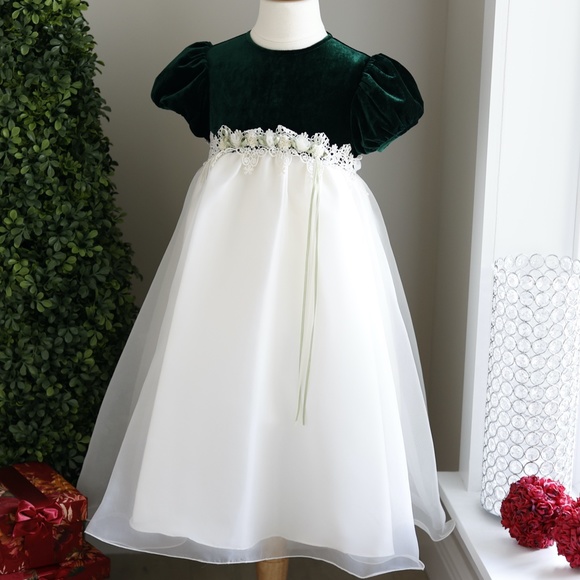 Girl's Dress Emerald Green Velvet and Ivory Organza Special Occasion Size 6